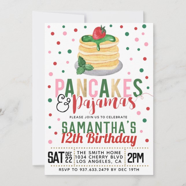 Pancakes and Pyjamas Christmas Birthday Invitation (Front)