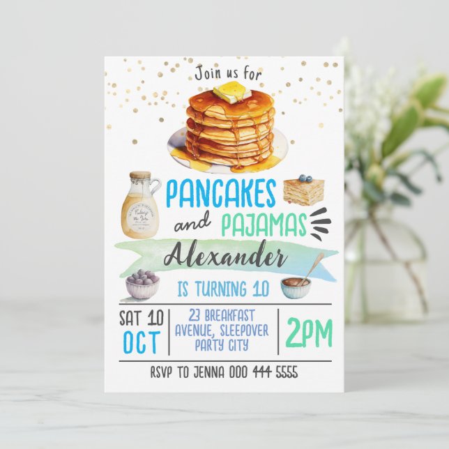 Pancakes and Pyjamas Sleepover Birthday Invitation (Standing Front)