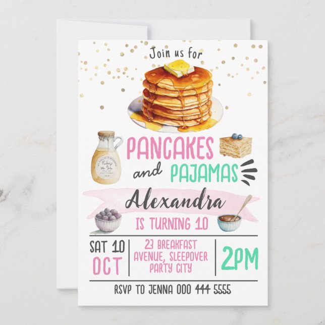 Pancakes and Pyjamas Sleepover Birthday Invitation (Front)