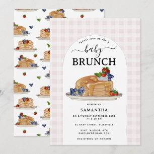 Pancakes Berries Brunch Pink Plaid Baby Shower Invitation