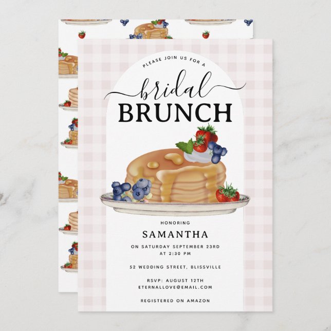 Pancakes Berries Brunch Pink Plaid Bridal Shower Invitation (Front/Back)