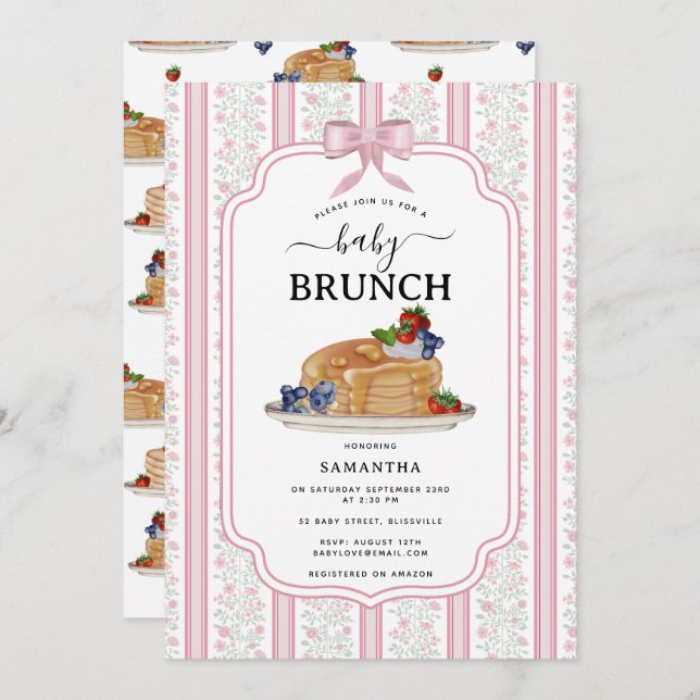 Pancakes Brunch Pink Botanical Baby Shower Invitation (Front/Back)
