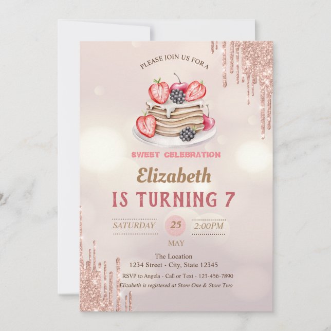 Pancakes Glitter Drips Bokeh Birthday Invitation (Front)