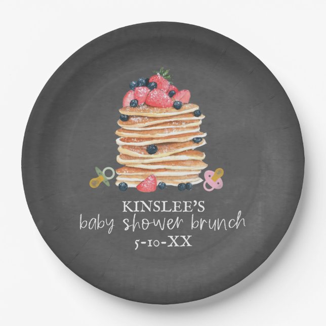 Pancakes & Pacifiers Baby Shower Brunch Chalkboard Paper Plate (Front)