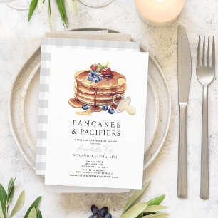 Pancakes & Pacifiers Grey Gingham Baby Shower Invitation