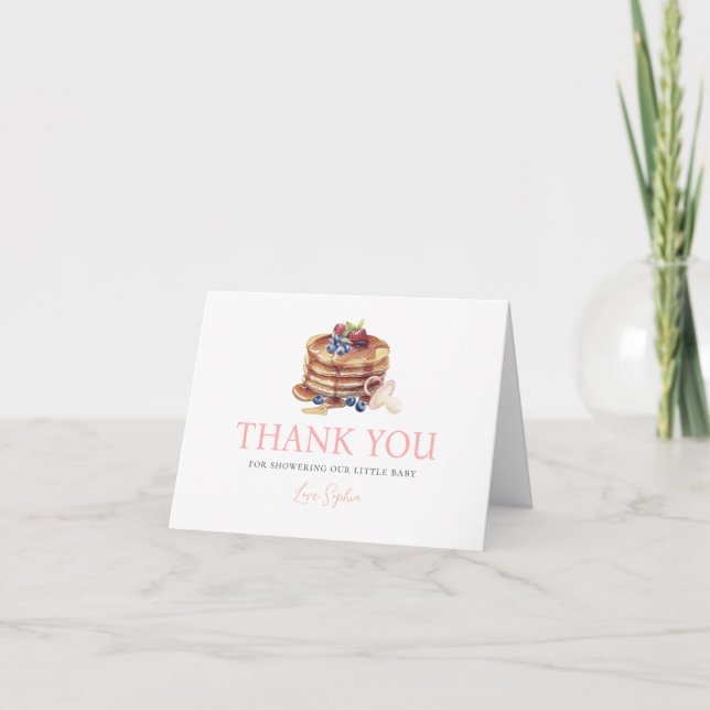 Pancakes & Pacifiers Pink Gingham Girl Baby Shower Thank You Card (Front)