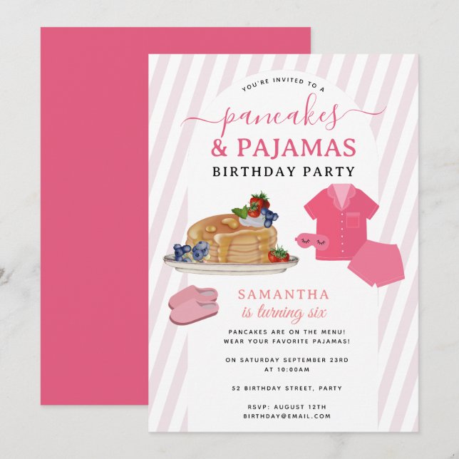 Pancakes Pajamas PJ's Girl Kids Birthday Party Invitation (Front/Back)