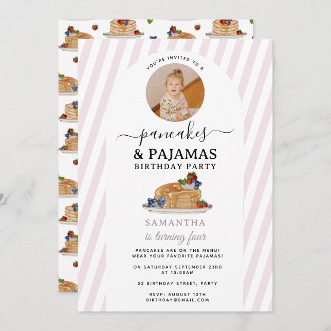Pancakes Pajamas PJ's Girl Kids Birthday Photo Invitation (Front/Back)
