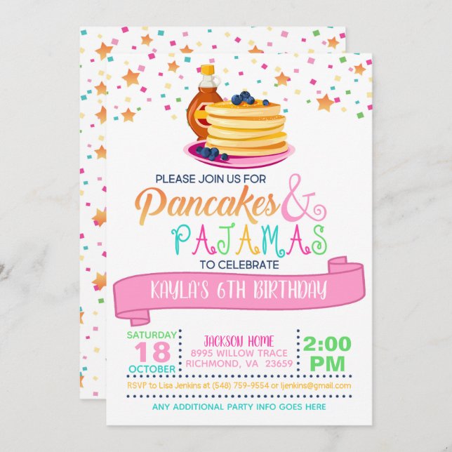 Pancakes & Pyjamas Birthday Invitation - White (Front/Back)