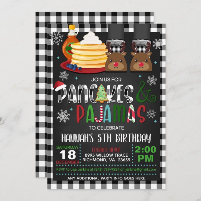 Pancakes & Pyjamas Christmas Birthday Invitation R (Front/Back)