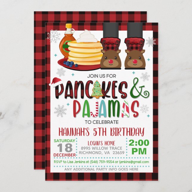 Pancakes & Pyjamas Christmas Birthday Invitation W (Front/Back)