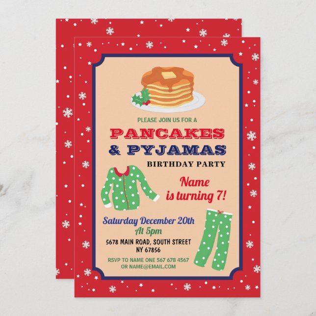Pancakes & Pyjamas Christmas Party Birthday Blue Invitation (Front/Back)