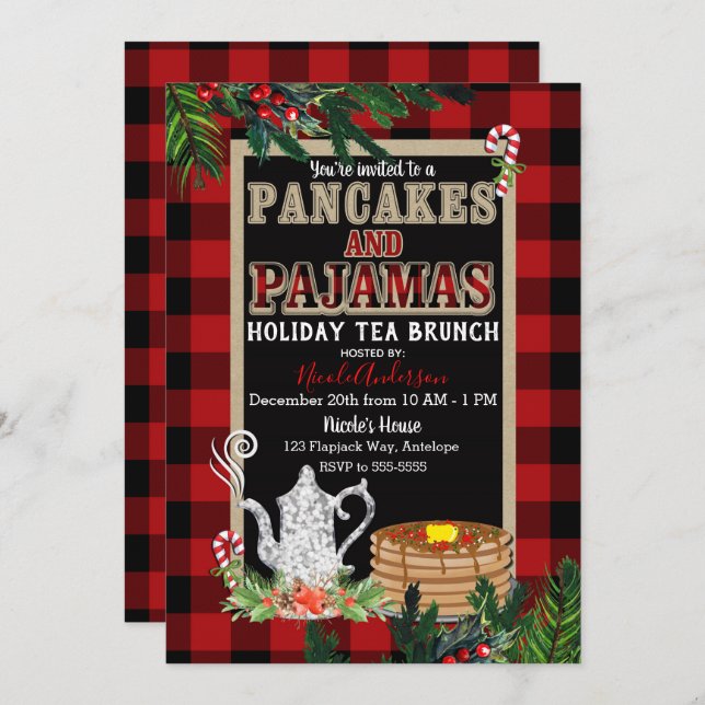 Pancakes & Pyjamas Holiday Tea Brunch Rustic Plaid Invitation (Front/Back)