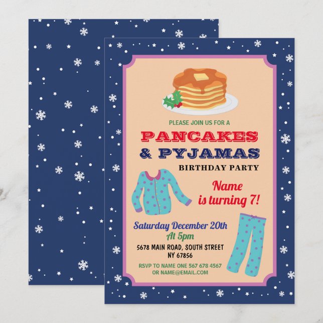 Pancakes & Pyjamas Party Christmas Birthday Blue Invitation (Front/Back)