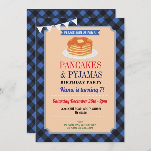 Pancakes & Pyjamas Party Christmas Pyjamas Blue Invitation (Front/Back)