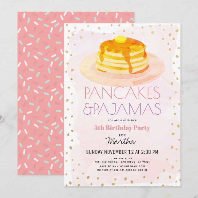Pancakes & Pyjamas Pink Gold Girl Birthday Invitation (Front/Back)