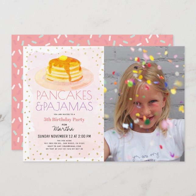 Pancakes & Pyjamas Pink Gold Girl Photo Birthday Invitation (Front/Back)