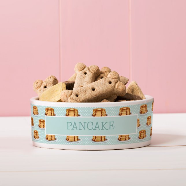 Pancakes with Maple Syrup & Polkadot Pattern (Pancake Pattern Dog Bowl with Custom Name & custom background colour)