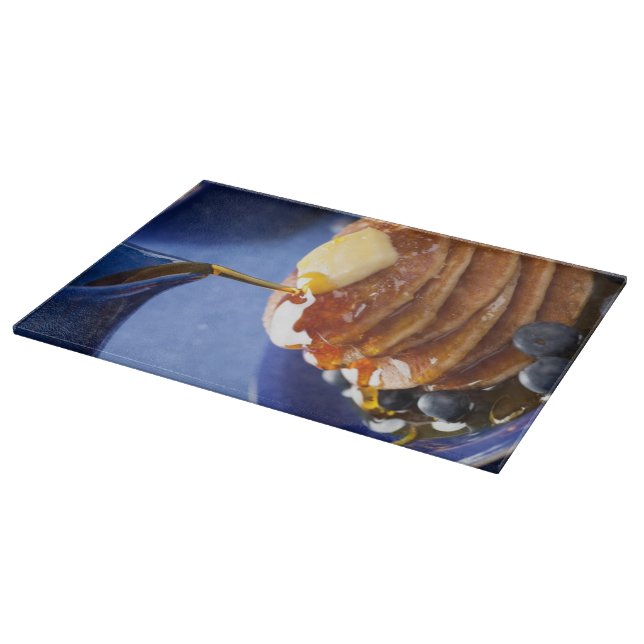 Pancakes with syrup and blueberry cutting board (Corner)