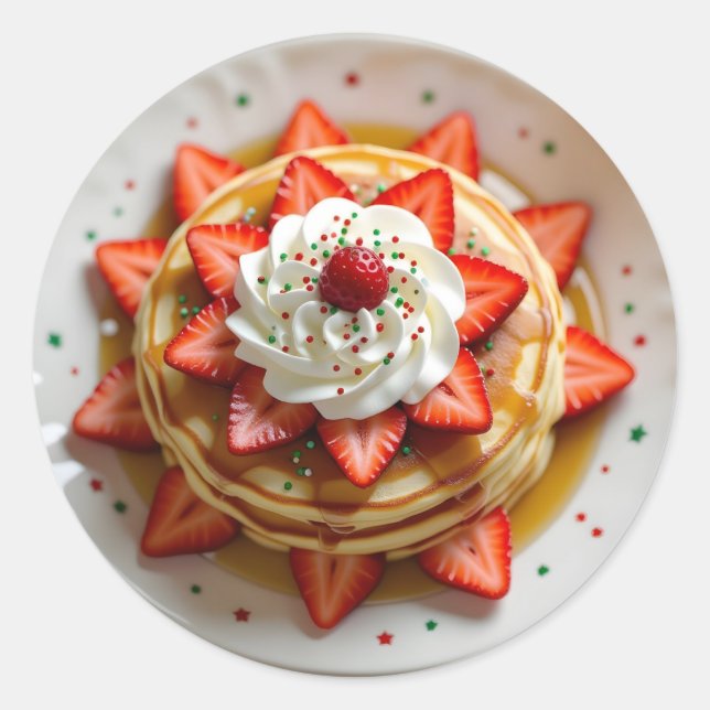 Pancakes with Whipped Cream & Christmas Sprinkles Classic Round Sticker (Front)