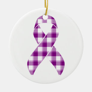 Pancreatic Cancer Awareness Plaid Purple Ribbon Ceramic Ornament