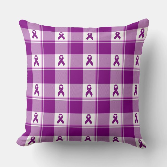 Pancreatic Cancer Awareness Plaid Purple Ribbon Cushion (Front)