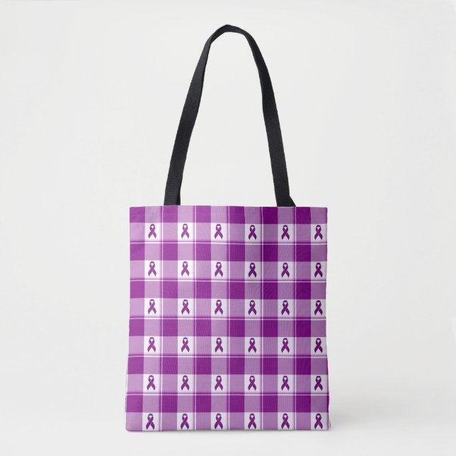 Pancreatic Cancer Awareness Plaid Tote, Purple Tote Bag (Front)