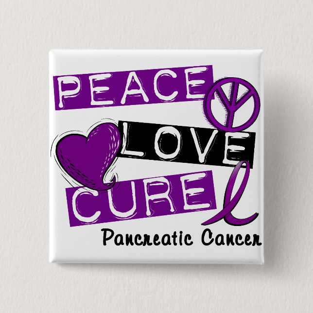 Pancreatic Cancer PEACE LOVE CURE 1 15 Cm Square Badge (Front)