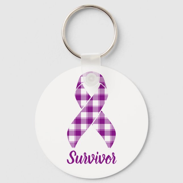 Pancreatic Cancer Survivor Plaid Purple Ribbon Key Ring (Front)