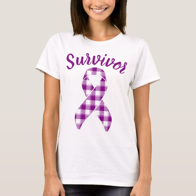 Pancreatic Cancer Survivor Plaid Purple Ribbon T-Shirt (Front)