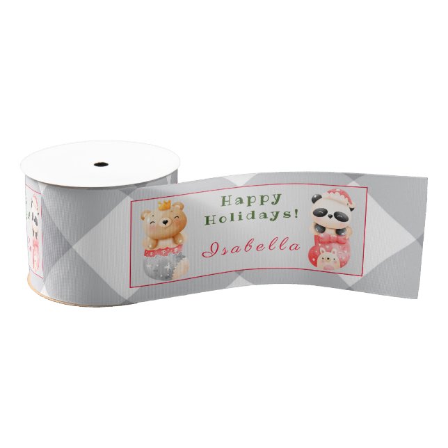 Panda and Bear Customise Text and Name Grosgrain Ribbon (Spool)