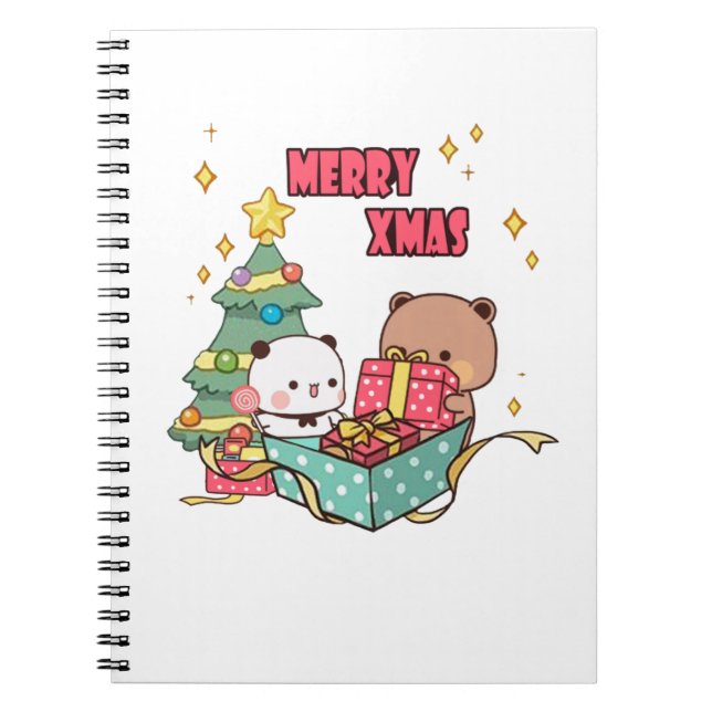 Panda And Brownie Bear Couple, Merry Christmas Notebook (Front)
