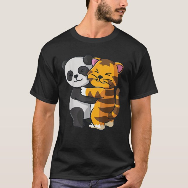 Panda and Tabby Cat Tiger cute Hug Cuddle Animals  T-Shirt (Front)