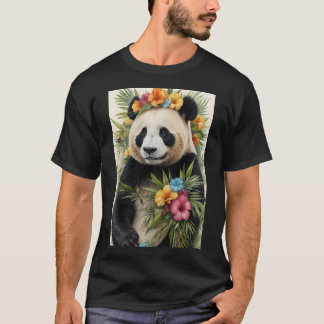 Panda Animal Art With Tropical Floral Crown And Le T-Shirt