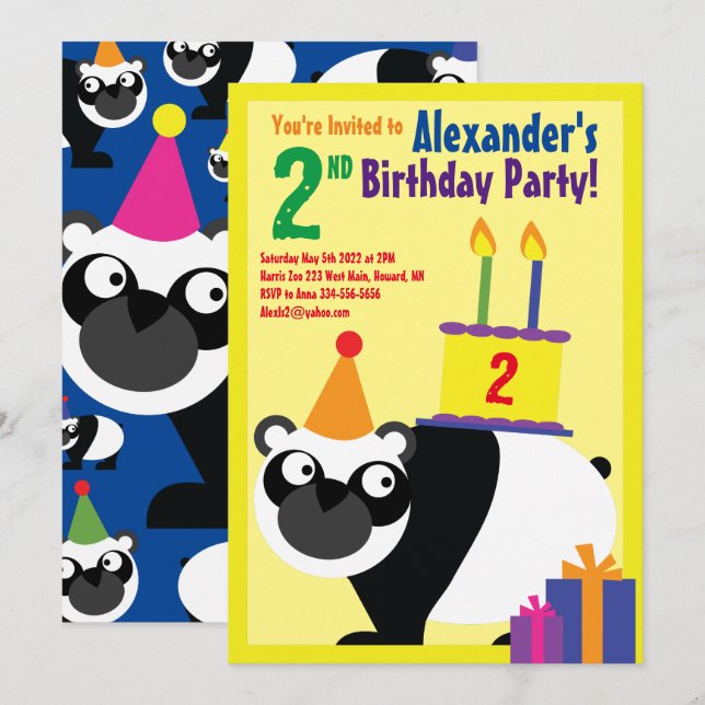 Panda Animal Kid's Birthday Party Invitations (Front/Back)