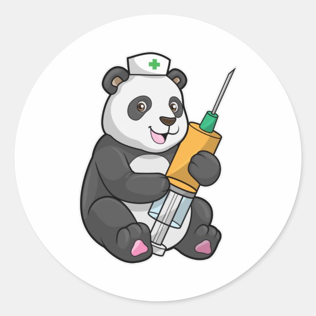 Panda as Nurse with Syringe Classic Round Sticker (Front)