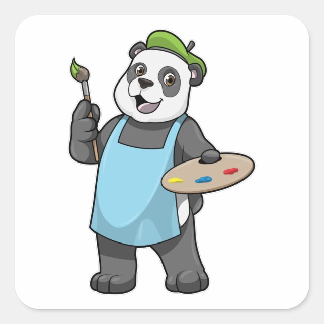 Panda as Painter with Brush & Colour Square Sticker (Front)