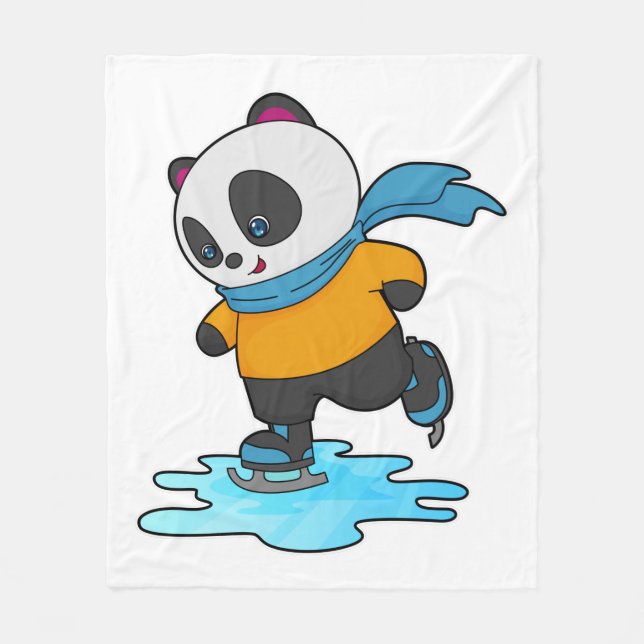 Panda at Ice skating with Ice skates & Scarf Fleece Blanket (Front)