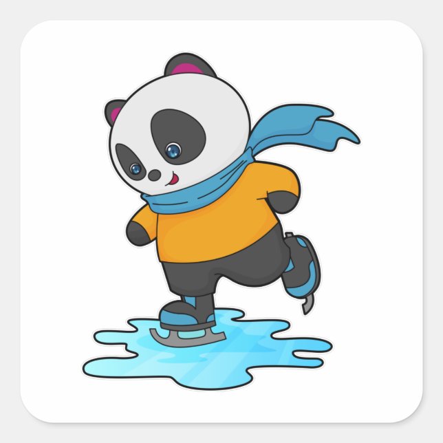 Panda at Ice skating with Ice skates & Scarf Square Sticker (Front)