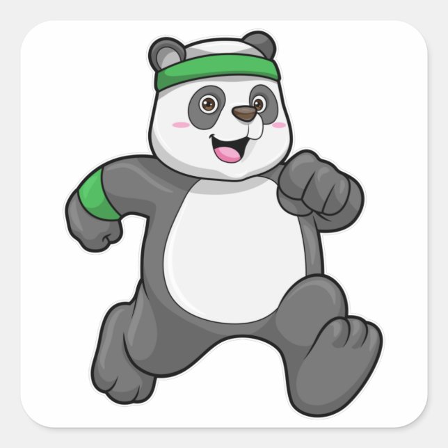 Panda at Jogging with Headband Square Sticker (Front)