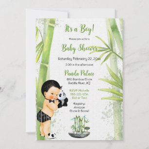 Panda Bamboo Theme Baby Boy Black White Green Invitation