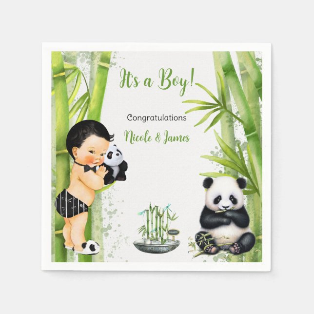 Panda Bamboo Theme Baby Boy Black White Green Napkin (Front)