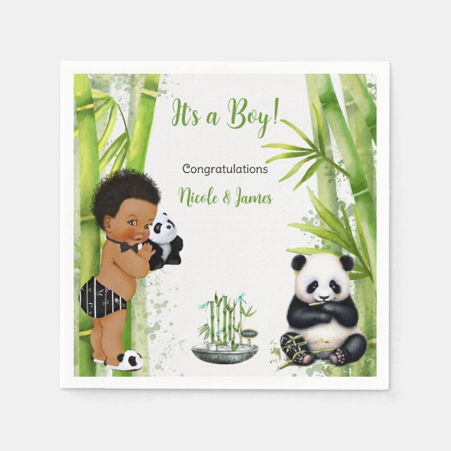 Panda Bamboo Theme Baby Boy Black White Green Napkin (Front)
