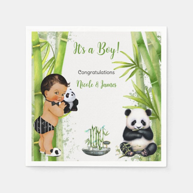 Panda Bamboo Theme Baby Boy Black White Green Napkin (Front)