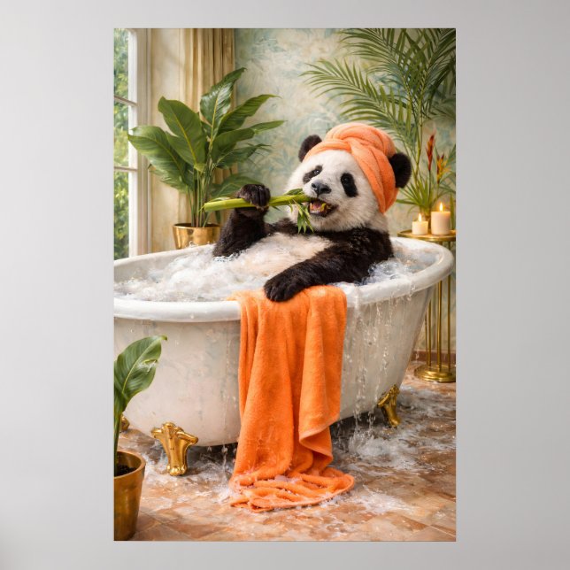 Panda Bathing Print, Humourous Tropical Maximalist Poster (Front)