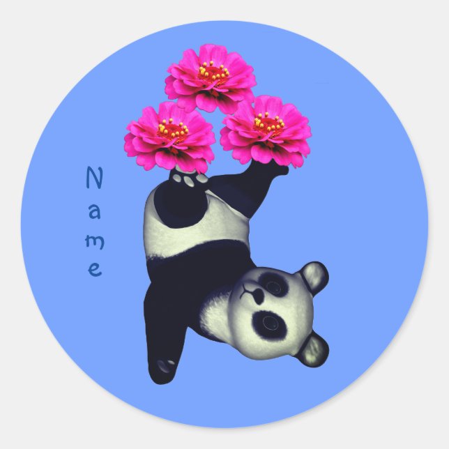 Panda Bear And Pink Zinnia Flower Personalised Classic Round Sticker (Front)
