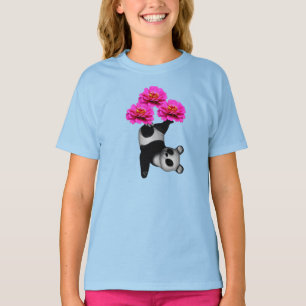 Panda Bear And Pink Zinnia Flowers  T-Shirt