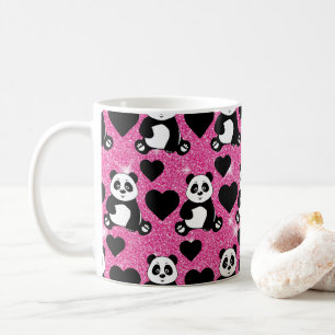 Panda Bear Animal Lover Black Hearts Pink Glitter Coffee Mug