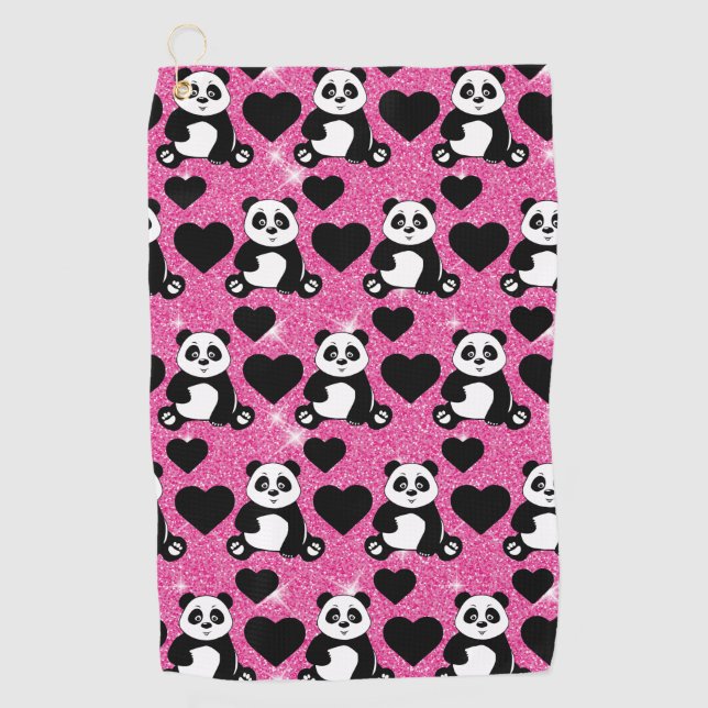 Panda Bear Animal Lover Black Hearts Pink Glitter Golf Towel (Front)
