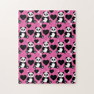 Panda Bear Animal Lover Black Hearts Pink Glitter Jigsaw Puzzle